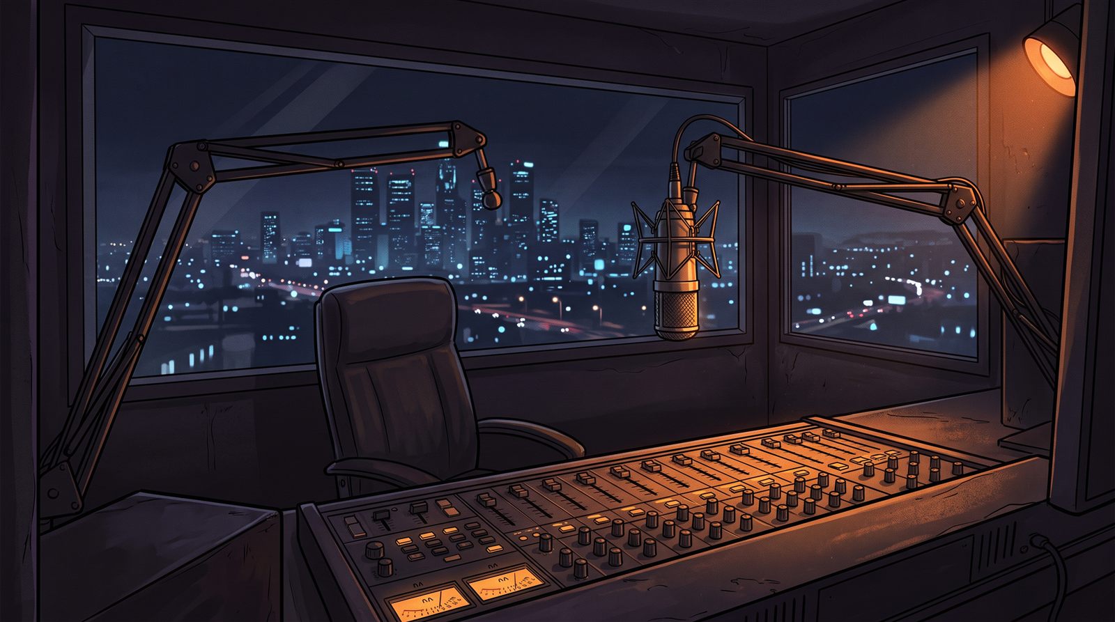 A radio broadcast booth overlooking the Los Santos skyline at night (illustration)