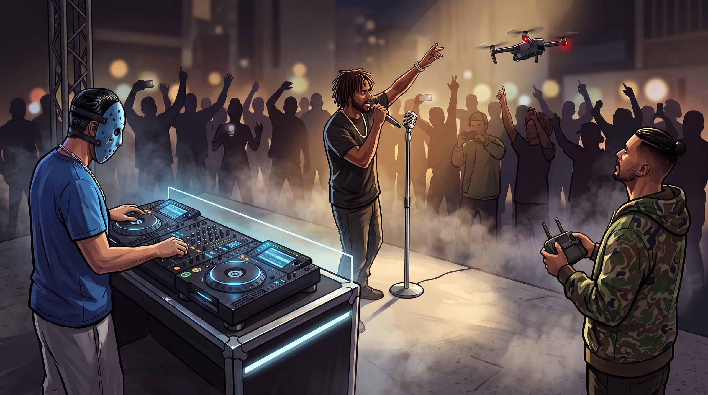 A performance on the stage in Los Santos — DJ, crowd, and a drone overhead (illustration)