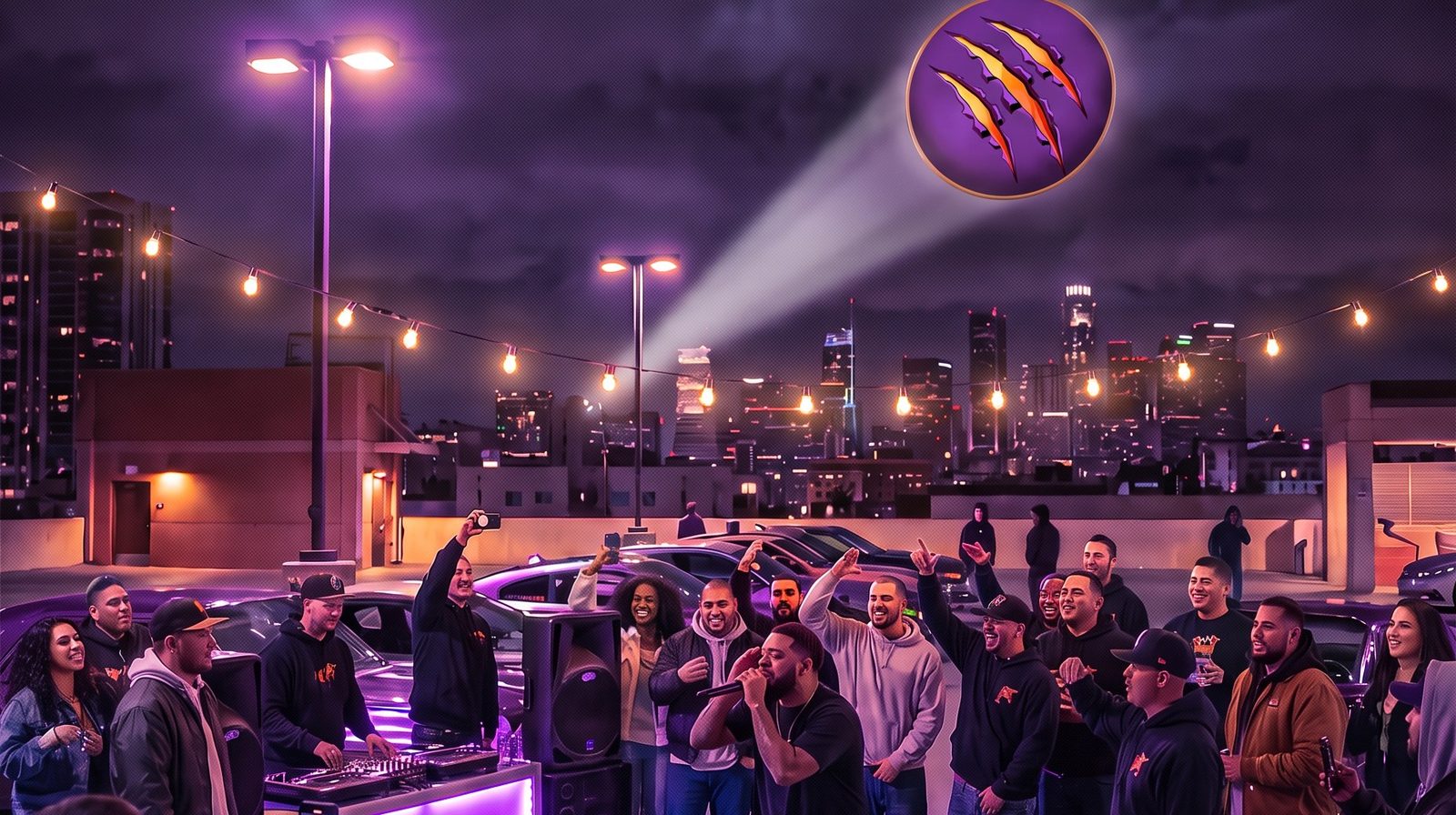 A crowd around the DJ at a rooftop cypher in Los Santos (illustration)
